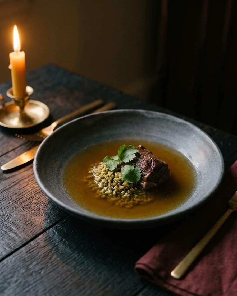 Chorba frik en consommé clair, agneau confit, coriandre, servi à Chemâa sur la table de chêne, à la lueur d’une bougie.