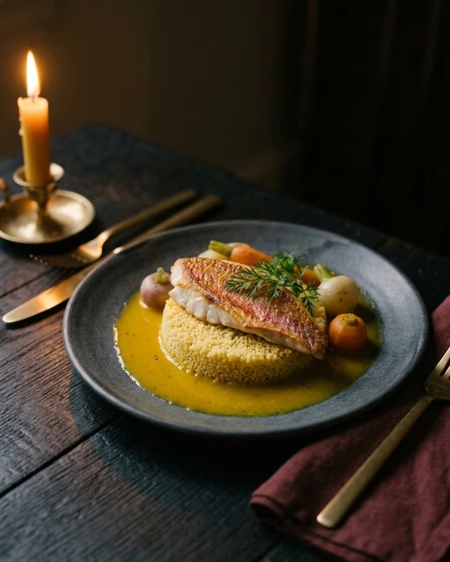 Couscous de la mer, rouget, bouillon safrané, servi à Chemâa sur la table de chêne, à la lueur d’une bougie.