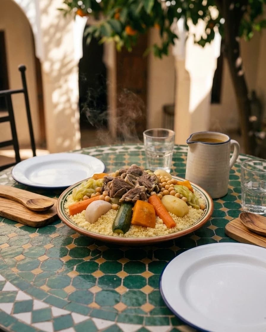 Couscous du vendredi aux sept légumes et agneau, sur une table de zellige du patio, à la lumière du jour.