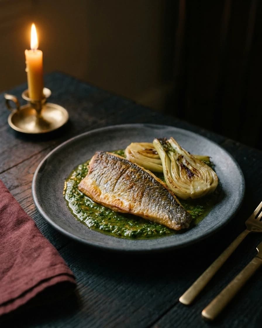 Dorade de pêche locale, chermoula, fenouil braisé, servi à Chemâa sur la table de chêne, à la lueur d’une bougie.