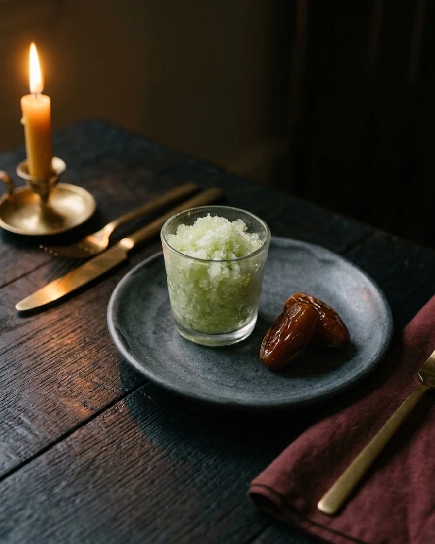 Dattes de Biskra, granité à la menthe, servi à Chemâa sur la table de chêne, à la lueur d’une bougie.