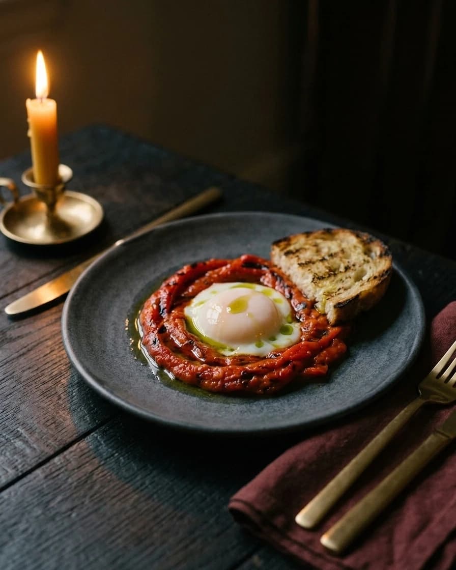 Hmiss de poivrons grillés au bois, œuf parfait, huile d’olive de Kabylie, servi à Chemâa sur la table de chêne, à la lueur d’une bougie.