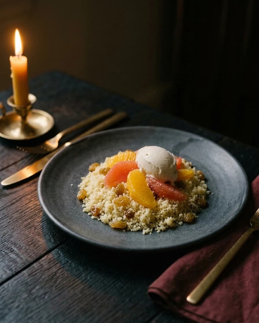 Mesfouf aux raisins et agrumes, glace au lait d’amande, servi à Chemâa sur la table de chêne, à la lueur d’une bougie.