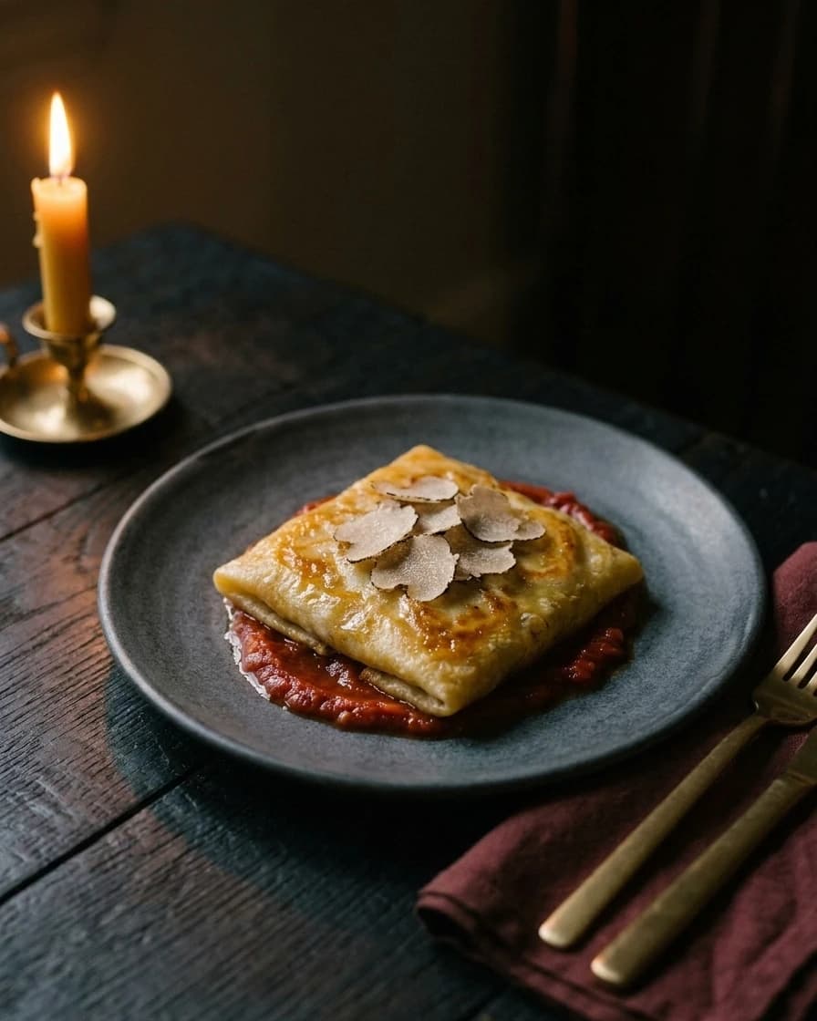 Mhadjeb feuilleté, tomate confite, terfess, servi à Chemâa sur la table de chêne, à la lueur d’une bougie.
