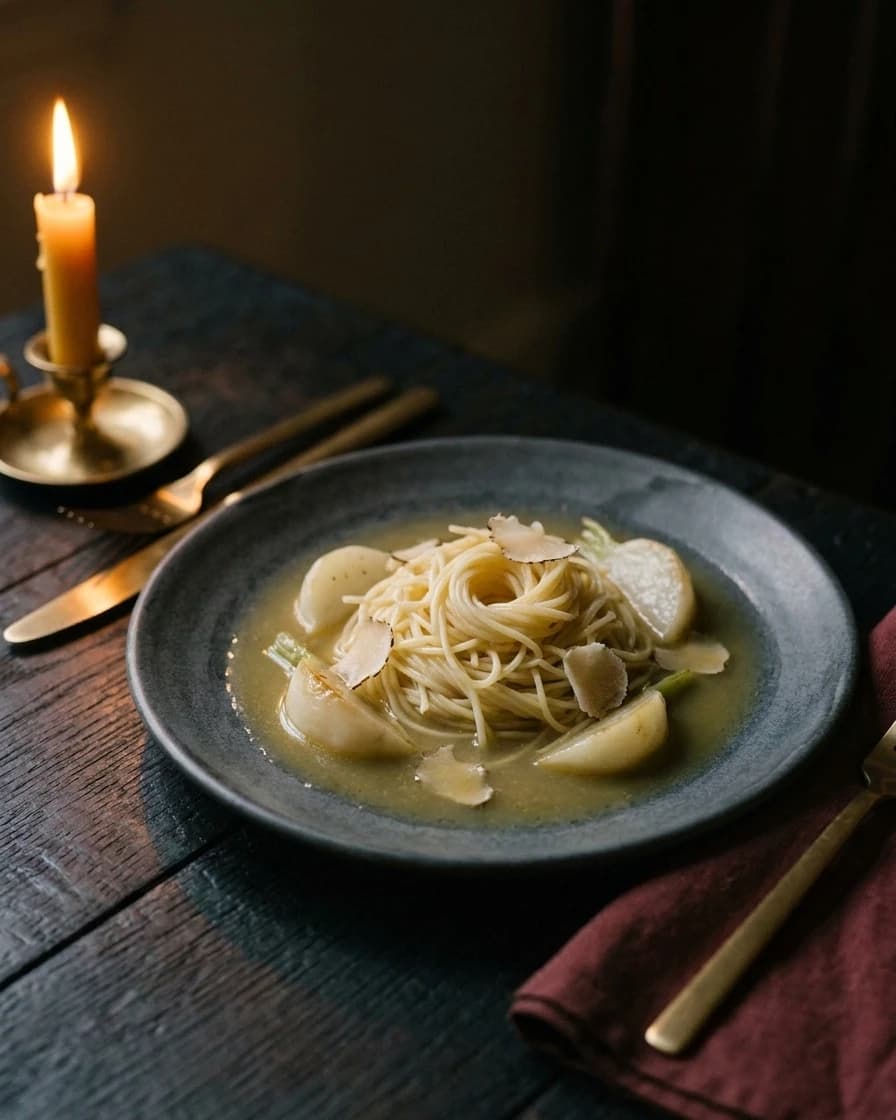 Rechta fine, bouillon de volaille, navet glacé, terfess, servi à Chemâa sur la table de chêne, à la lueur d’une bougie.