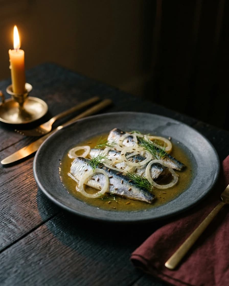 Sardines de la baie en escabèche, carvi et fenouil, servi à Chemâa sur la table de chêne, à la lueur d’une bougie.