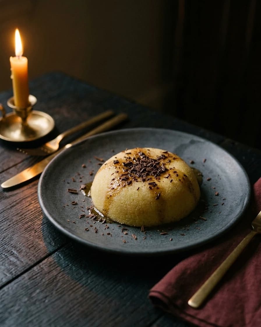 Tamina, chocolat noir, beurre noisette, servi à Chemâa sur la table de chêne, à la lueur d’une bougie.