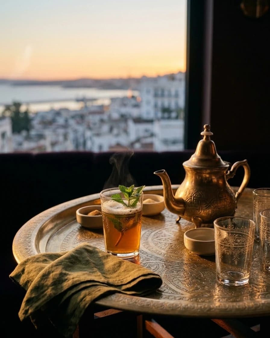 Thé à la menthe, servi de haut, sur un plateau de cuivre du Belvédère, face à la baie.