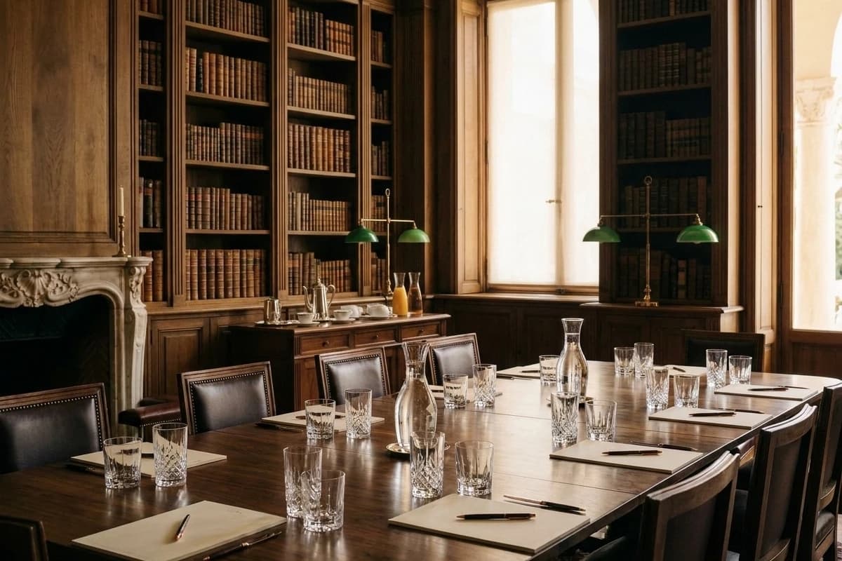 Le Salon de la Bibliothèque en conseil d’administration : longue table de noyer et fauteuils de cuir.
