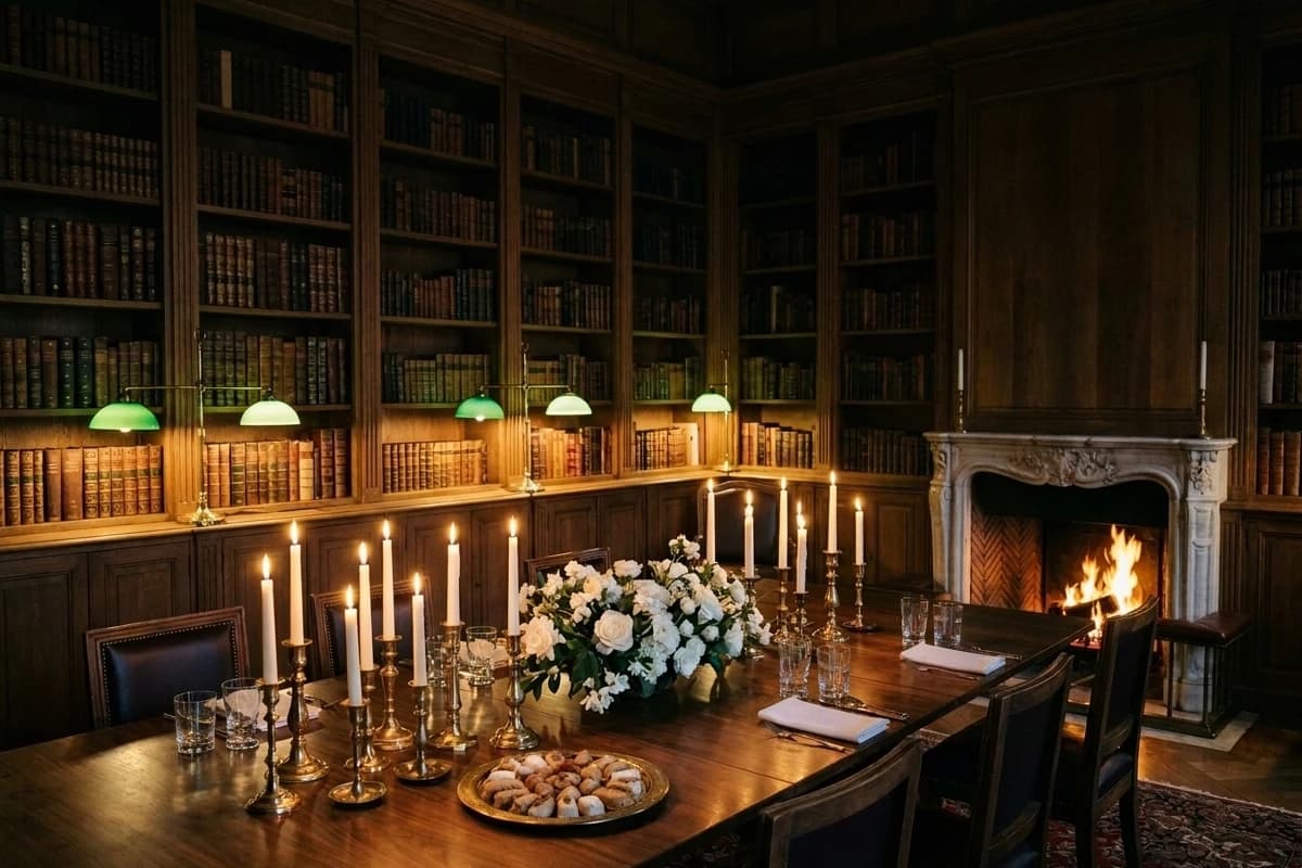 Le Salon de la Bibliothèque pour une demande en mariage en famille : table intime, bougies et rayonnages de livres.