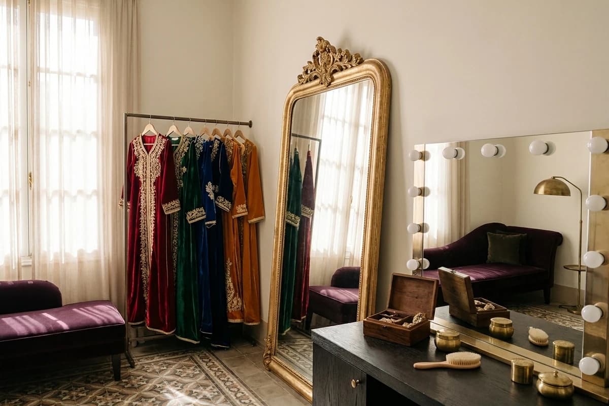 La suite de la mariée pour la tesdira : miroir doré, portants de robes et coiffeuse éclairée.