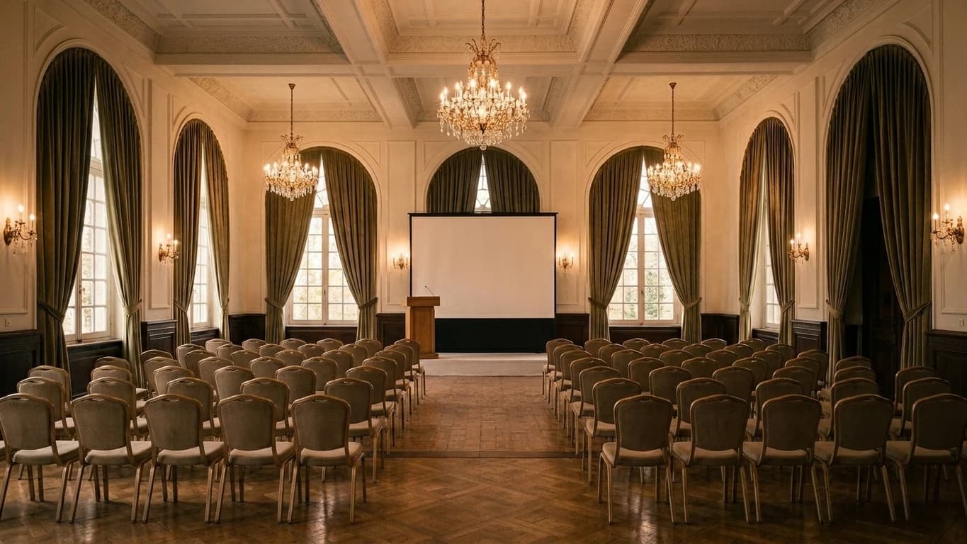 La Salle des Lustres en configuration théâtre pour une conférence, écran et pupitre de bois.