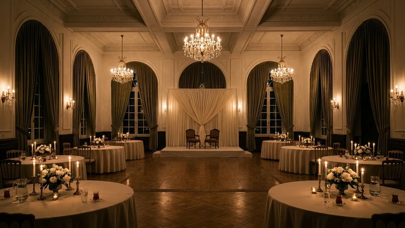 La Salle des Lustres dressée pour un mariage : tables rondes, nappes ivoire, fleurs blanches et lustres de cristal.