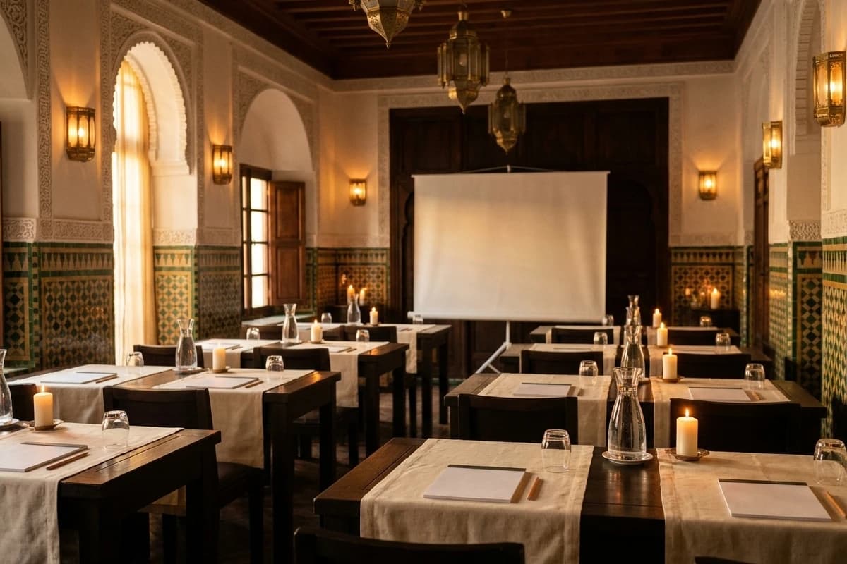 Le Salon Mauresque en salle de classe : tables nappées, carnets et carafes d’eau.