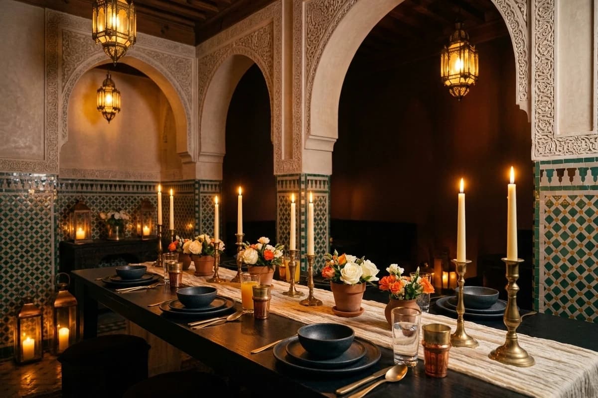 Le Salon Mauresque pour un dîner de fiançailles : arcs, zellige et longue table aux bougies.