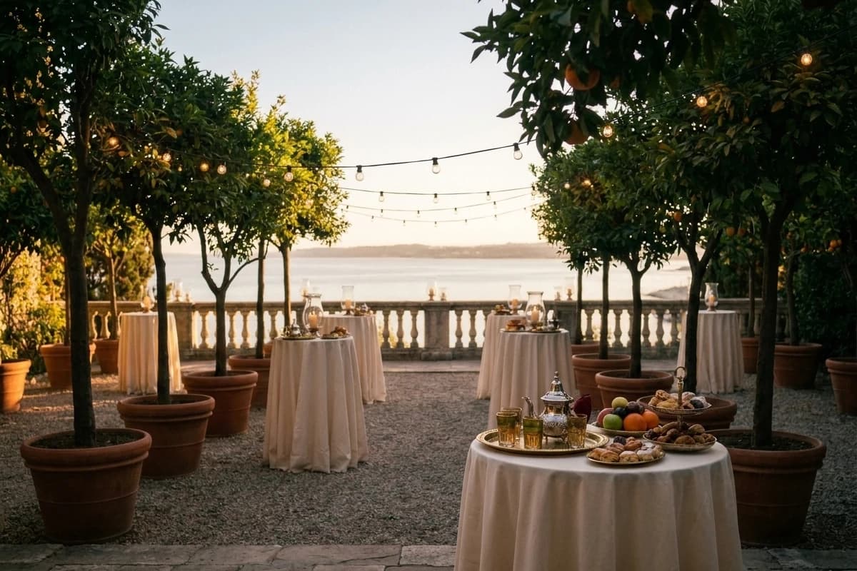 La Terrasse des Orangers pour une pause de séminaire : mange-debout, thé et douceurs à l’ombre.