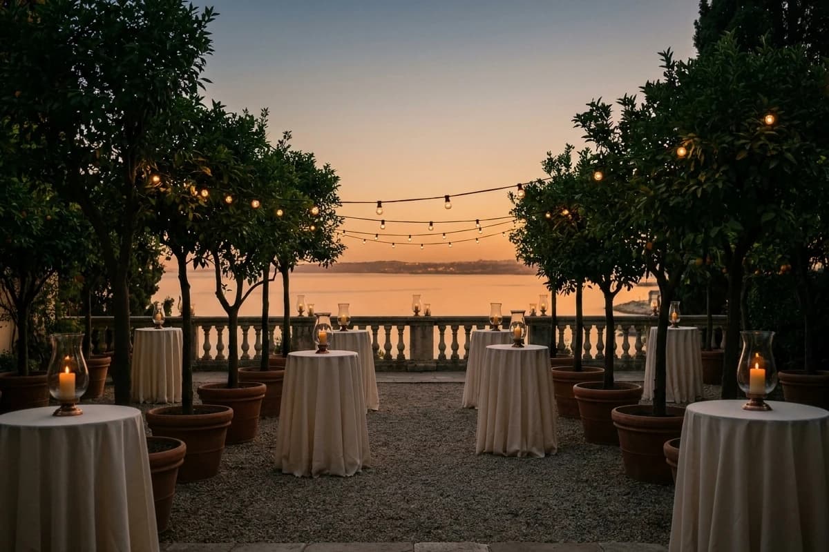 La Terrasse des Orangers pour une réception de mariage au crépuscule, guirlandes de lumière entre les arbres.