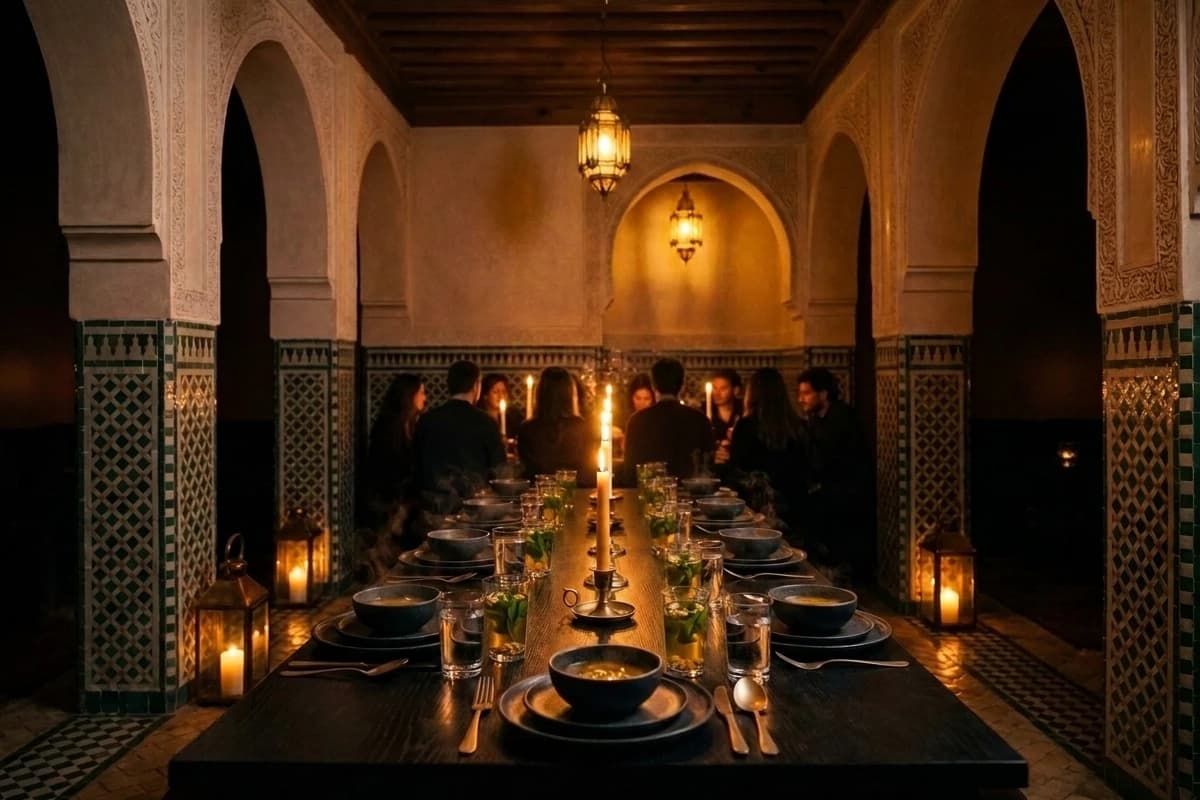 Un dîner privé dans le Salon Mauresque : douze couverts, bougies et assiettes de grès sombre.