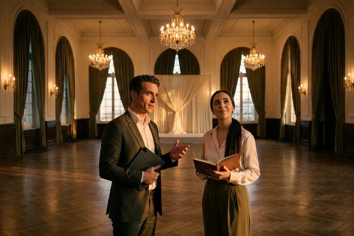 Sélim fait visiter la Salle des Lustres à Inès, qui prépare son mariage.