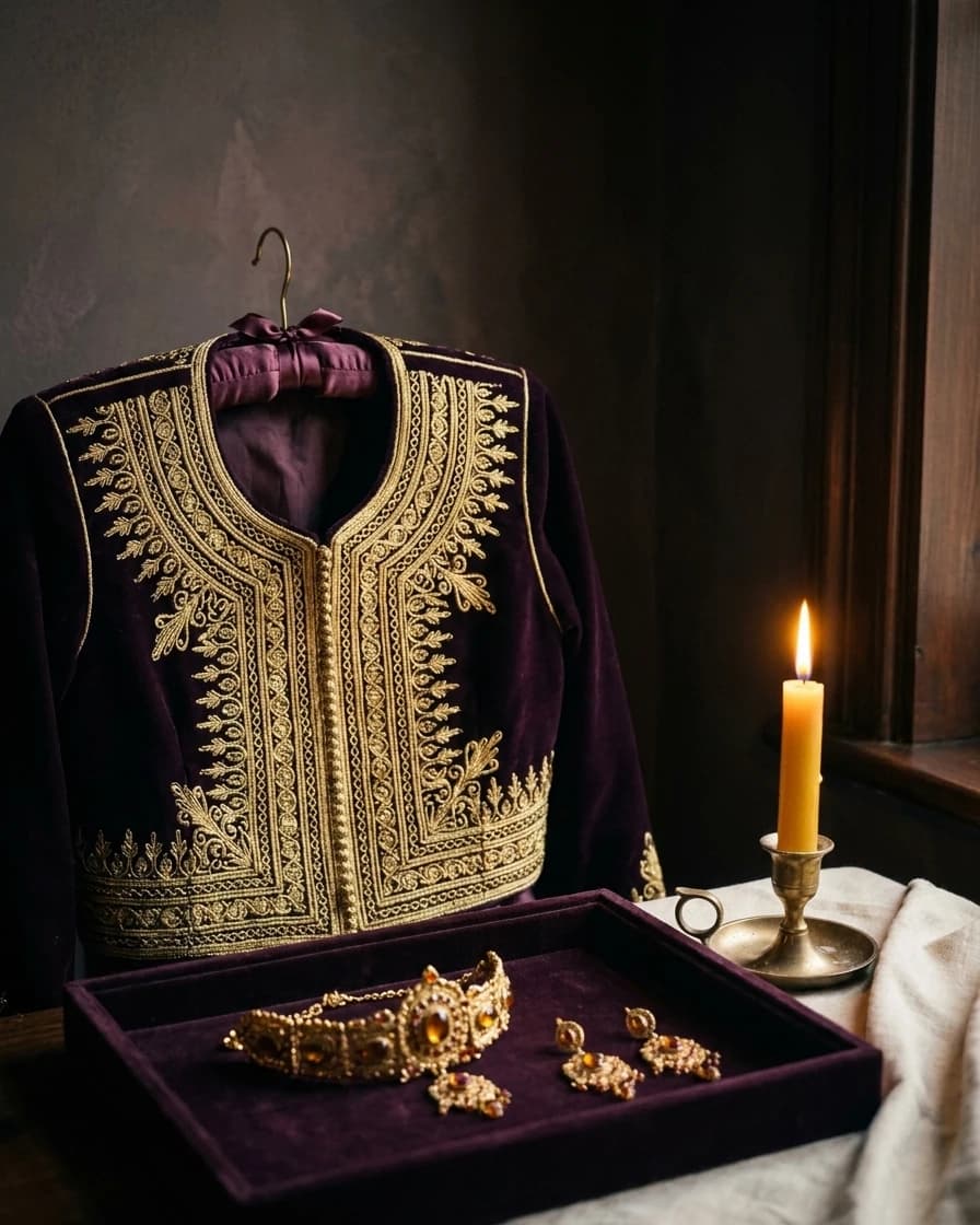 Un karakou brodé de fil d’or sur un cintre, et des bijoux posés sur un plateau de velours.