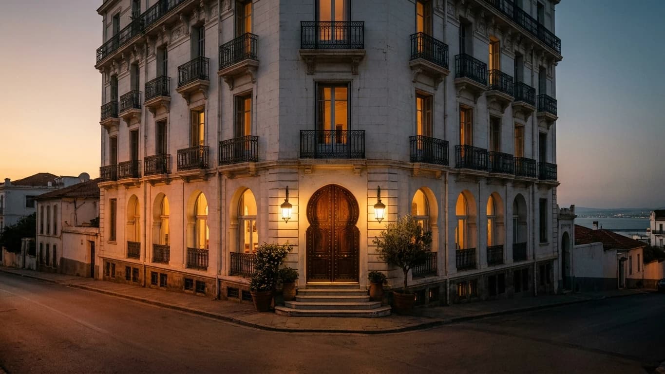 La rue des hauteurs d’El Biar à la tombée du jour, devant les portes de cèdre de Dar Chemâa.