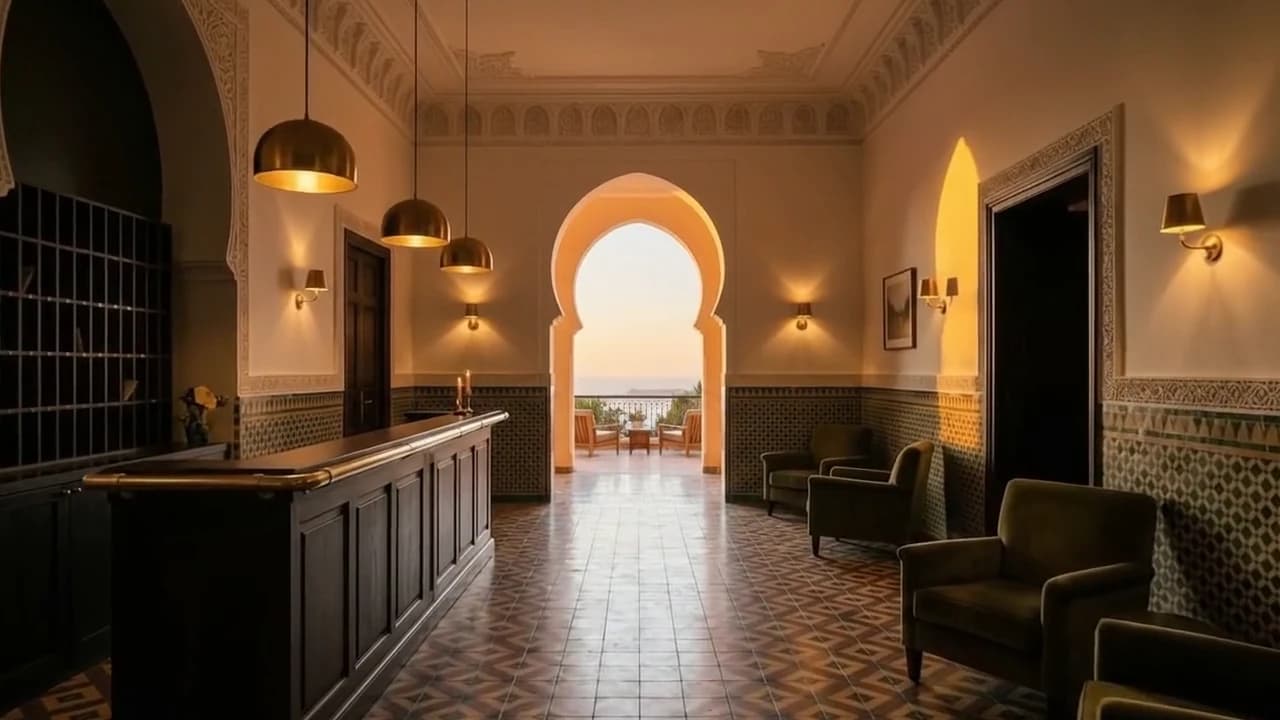 Le hall, vu depuis le seuil des portes ouvertes, ses lampes de laiton allumées.