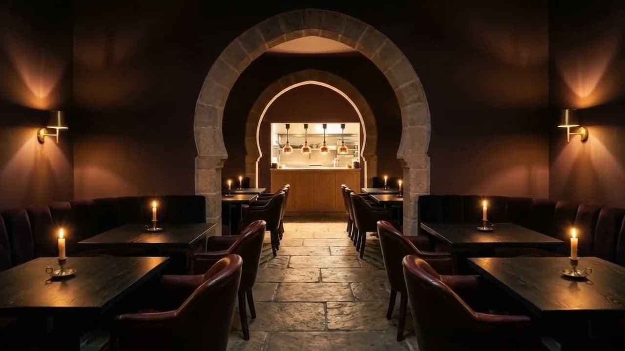 L’entrée de la salle de Chemâa, aux bougies, au moment où arrive la première assiette.