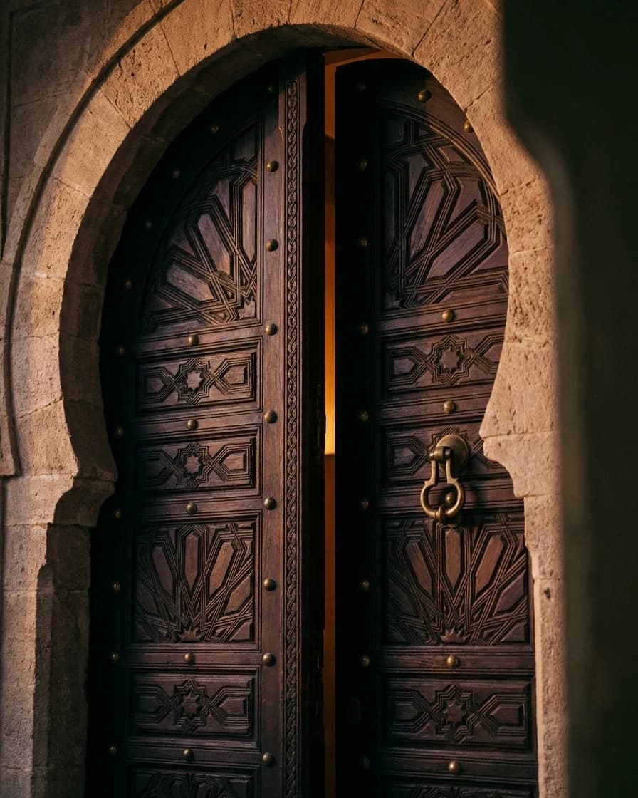 Les portes de cèdre sculpté de l’entrée, entrouvertes sur la lueur du hall.