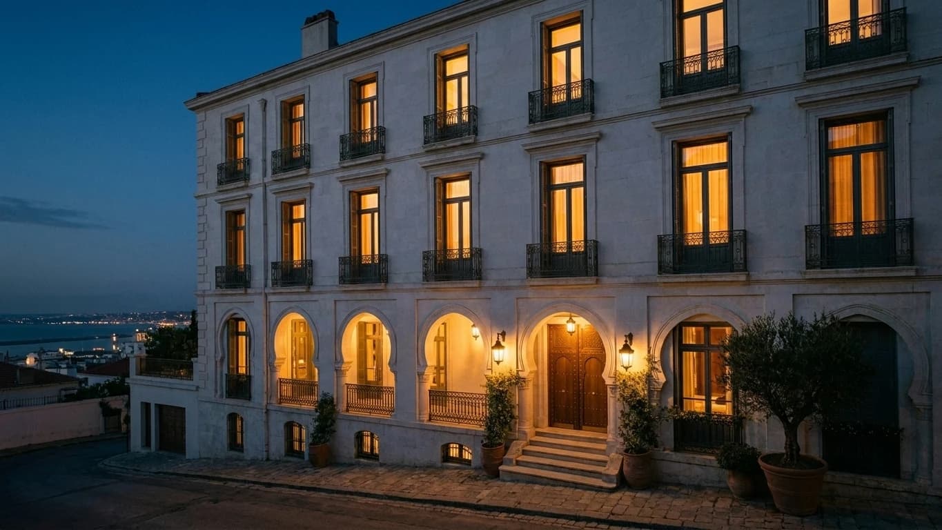La façade de la maison à la nuit tombée, fenêtres allumées d’une lumière ambrée.