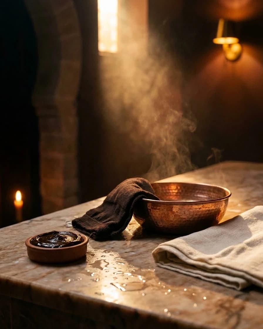 Savon noir, gant de kessa et bol de cuivre posés sur le marbre du hammam.