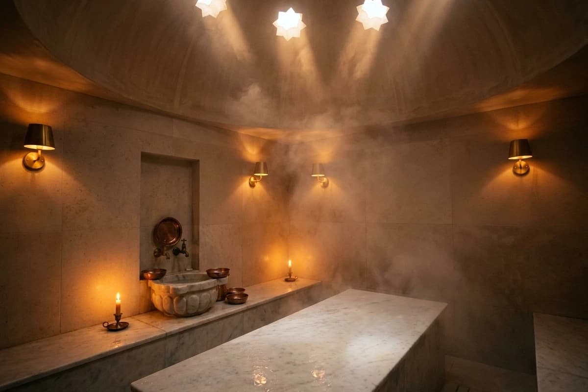 Le hammam de la maison : voûte de pierre, banquette de marbre chauffée et vapeur dans un rai de lumière.