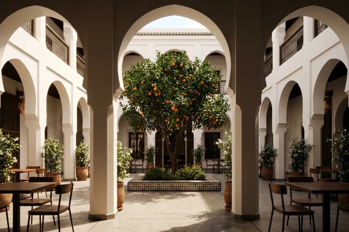 Le patio central et son oranger, entouré d’arcades blanches, à la mi-journée.