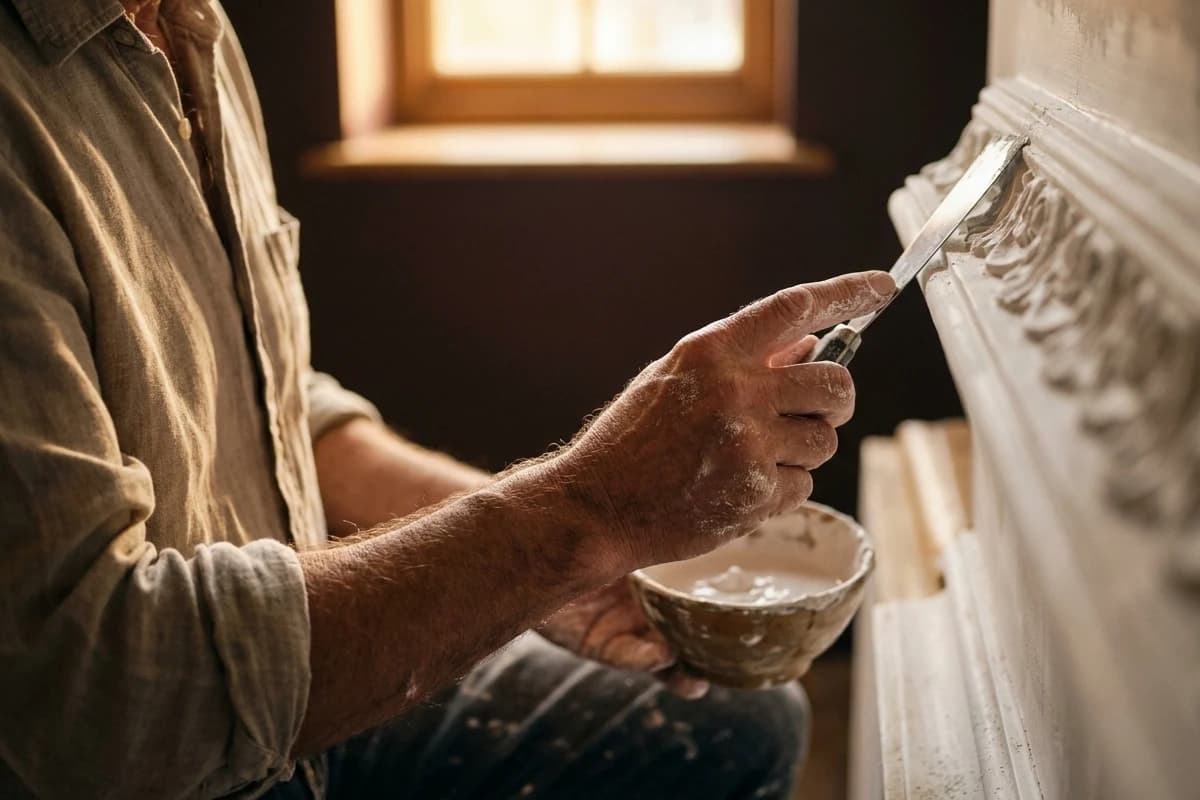 Les mains d’un artisan restaurant une moulure de plâtre au plafond.
