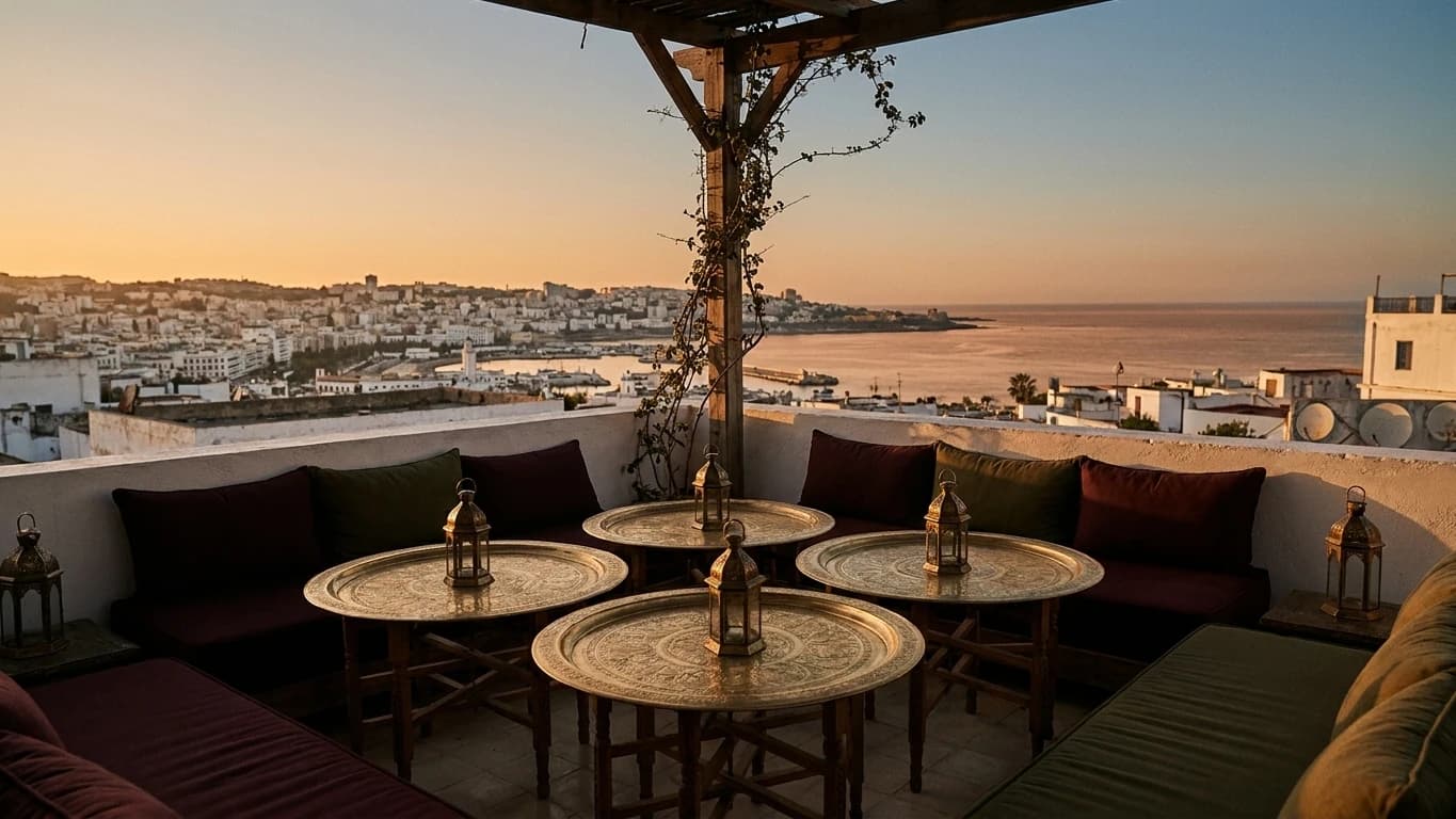 Le toit-terrasse du Belvédère au coucher du soleil, tables de cuivre et baie d’Alger en contrebas.