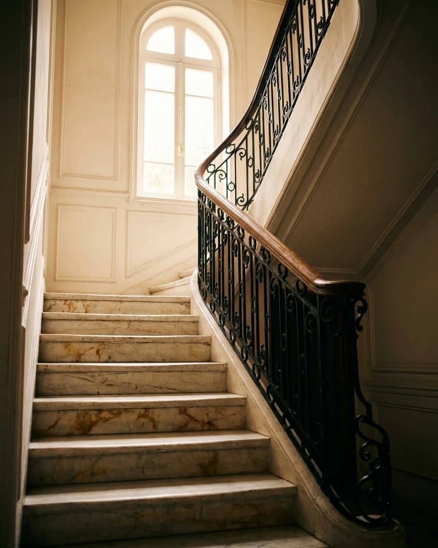 L’escalier d’honneur de 1912, sa rampe de fer forgé et ses marches de marbre usées.