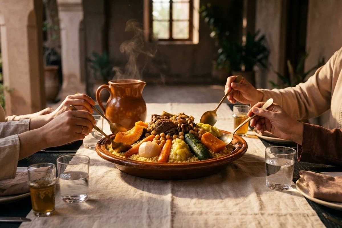 Le grand plat de couscous du vendredi posé au centre d’une table de famille sur le patio.