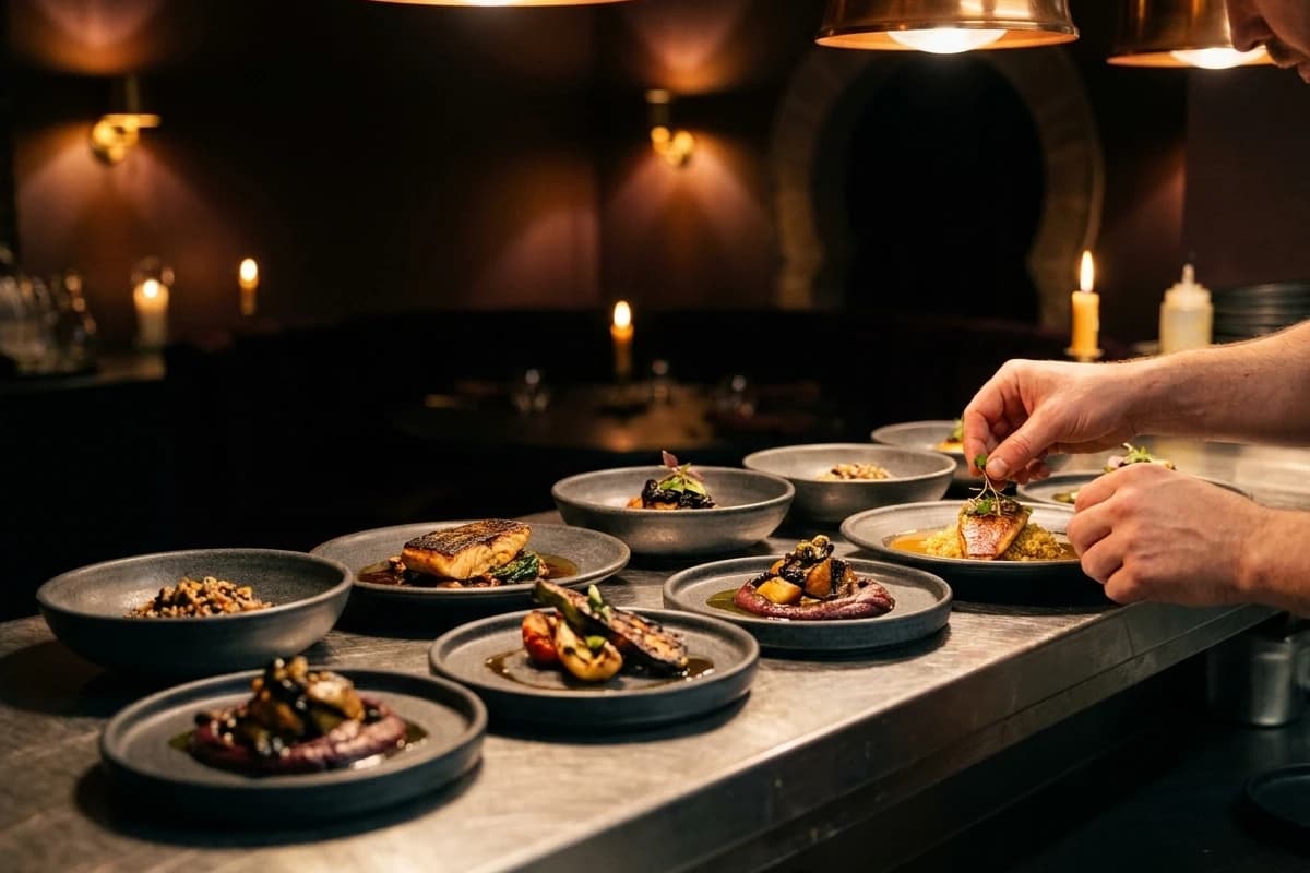 Huit assiettes du menu « Les Hauteurs » alignées sur le passe avant l’envoi.