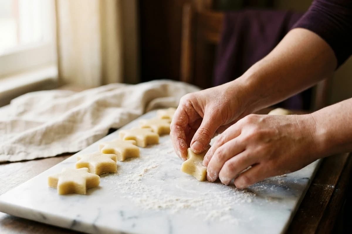 Des mains façonnant des arayech en étoile sur un plan de marbre fariné.