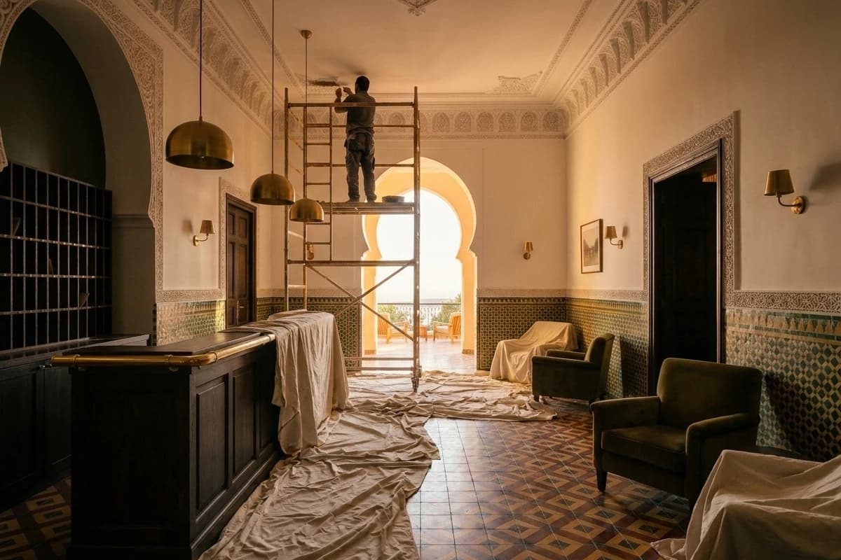 Un échafaudage de bois dans le hall pendant la restauration de la maison.