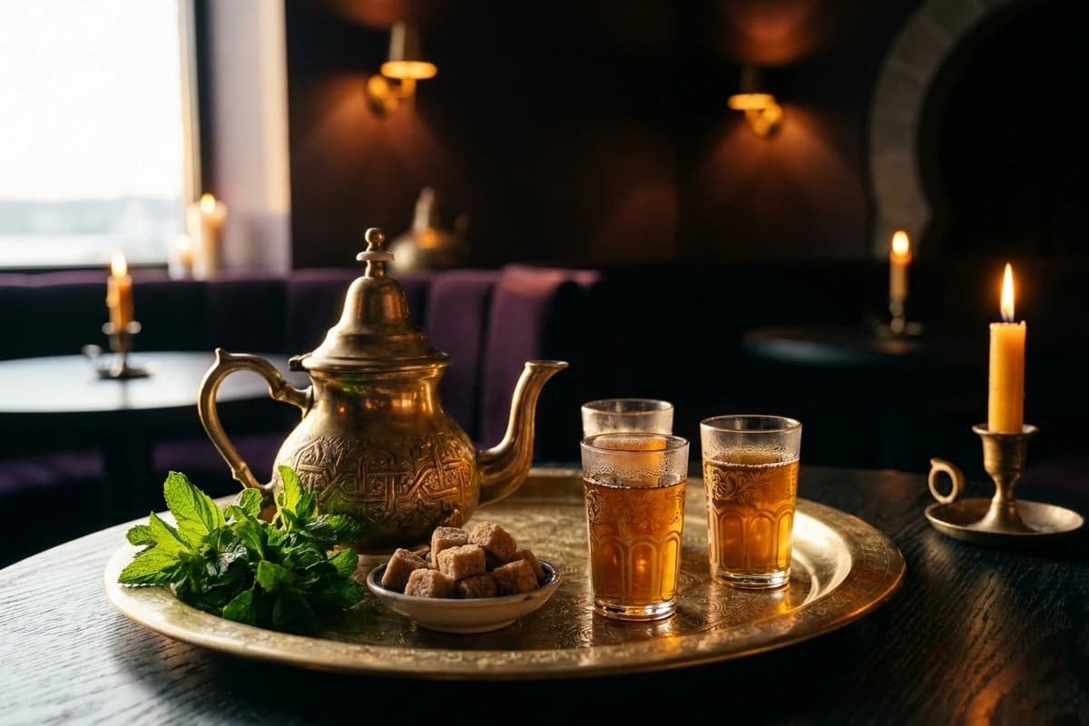 Une théière de laiton, des bouquets de menthe fraîche et des verres gravés sur un plateau.