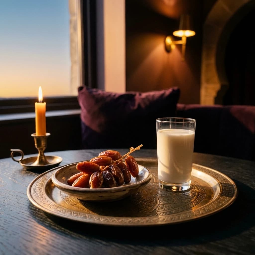 Des dattes Deglet Nour et un verre de lait sur un plateau de cuivre, juste avant l’appel du maghreb.