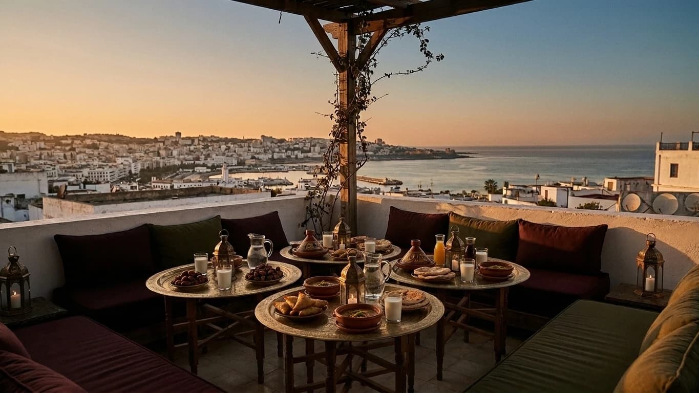 La table de l’iftar sur le Belvédère au coucher du soleil : dattes, lait, chorba et bourek, la baie en contrebas.