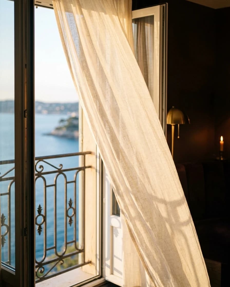 Détail de la Chambre Deluxe Baie : rideau de lin soulevé par la brise devant la mer.