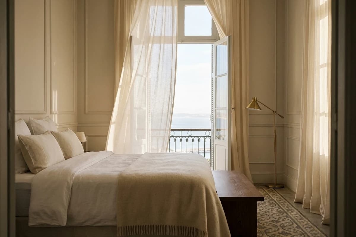 La Chambre Deluxe Baie : grand lit face à la fenêtre ouverte sur la baie d’Alger.