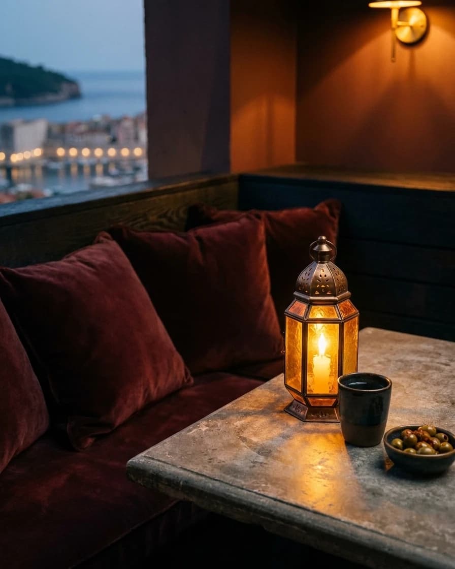 Détail de la Suite Belvédère : banquette de terrasse et lanterne de laiton au crépuscule.