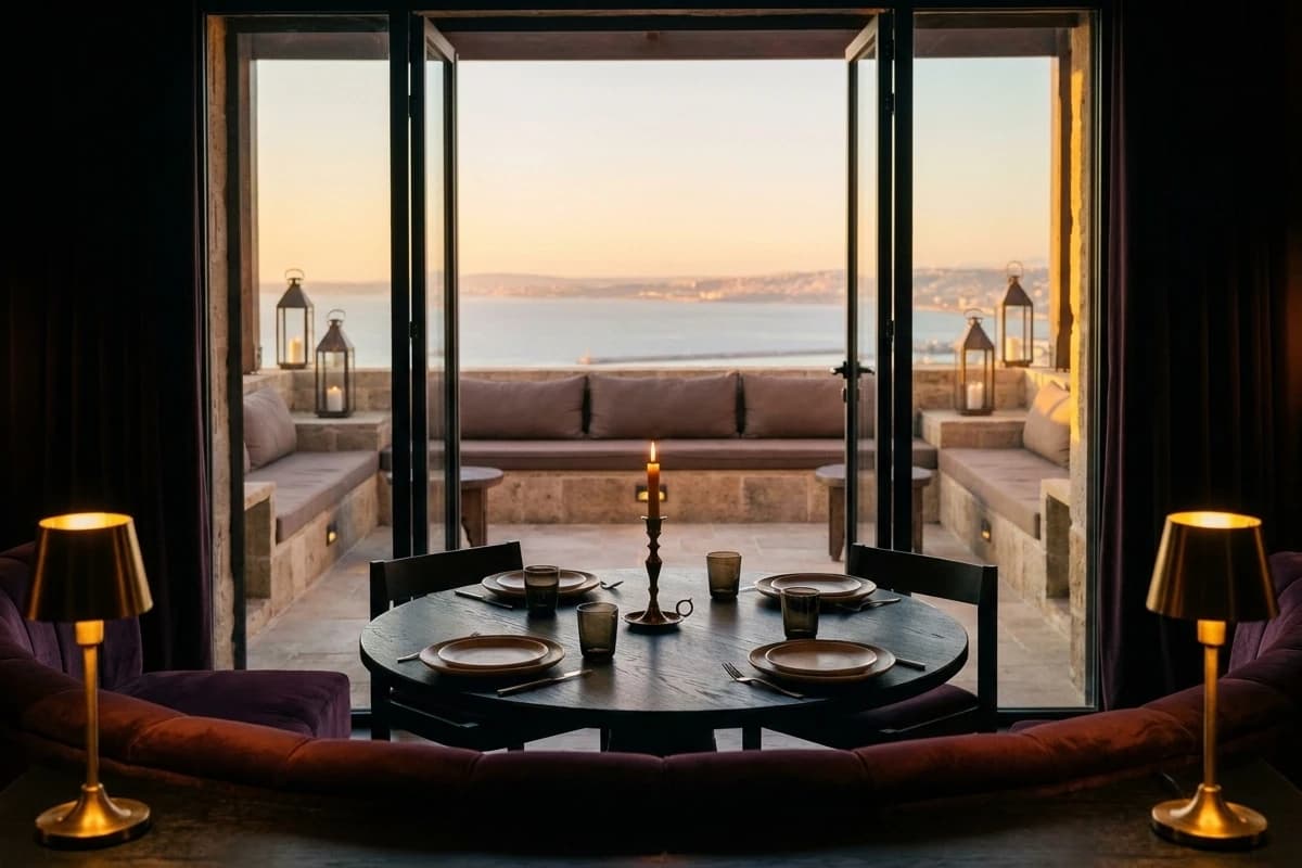 La Suite Belvédère : grand salon, terrasse privée et vue panoramique sur la baie.