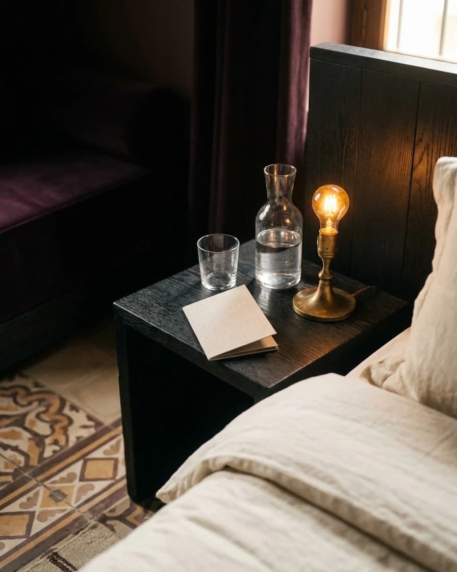 Détail de la Chambre Classique : table de chevet en chêne, carafe d’eau et carreaux de ciment.