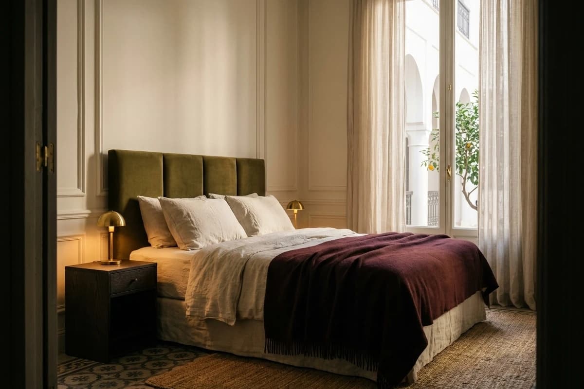 La Chambre Classique : lit en lin écru, lampe de laiton et fenêtre sur le patio.