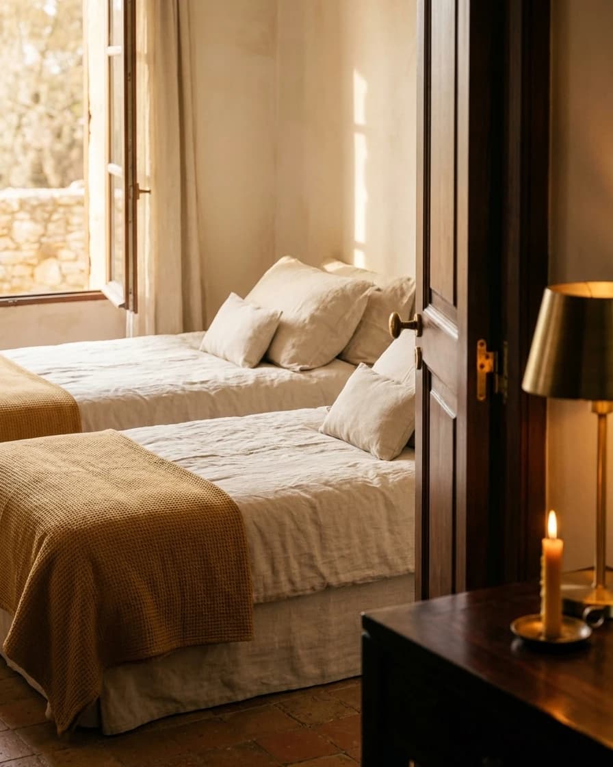 Détail de la Chambre Famille : la porte communicante ouverte et deux lits faits.