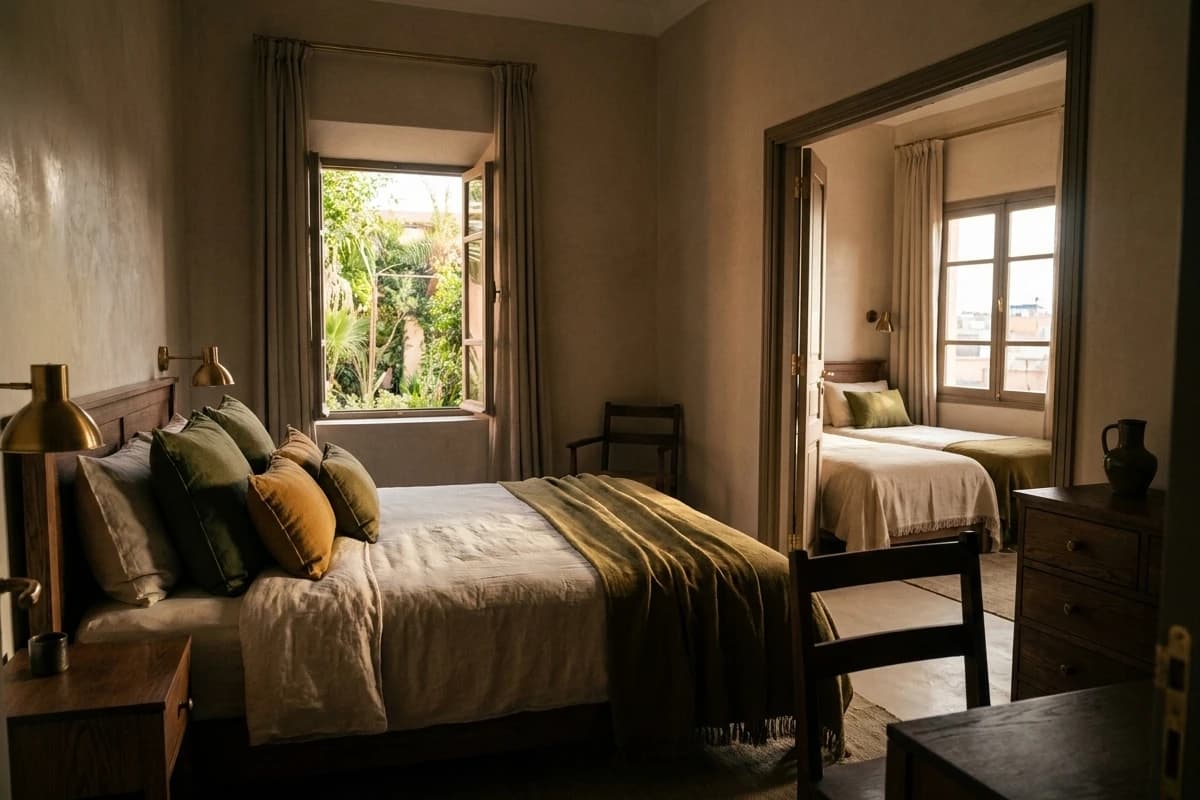 La Chambre Famille : deux chambres communicantes, lits jumeaux et grand lit, vue sur le jardin.